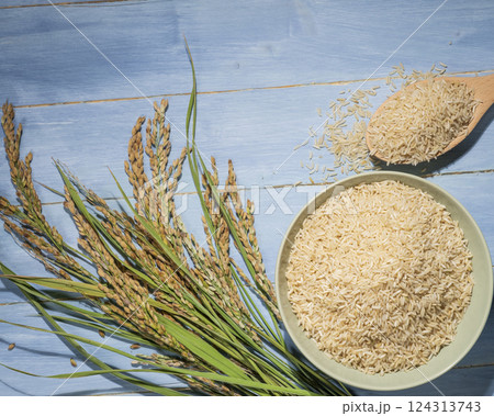 Bowl of raw brown-rice on a table near to a spoonful and ears of rice 124313743