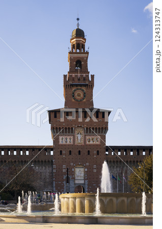 Old medieval Sforza Castle entrance and fountain at sunny day 124313747