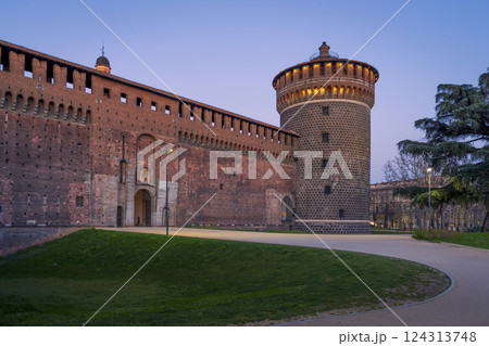 Old medieval Sforza Castle tower illuminated Old medieval Sforza Castle tower illuminated 124313748