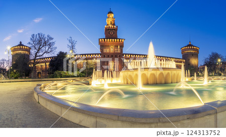 Wonderful Sforza castle with fountain illuminated 124313752