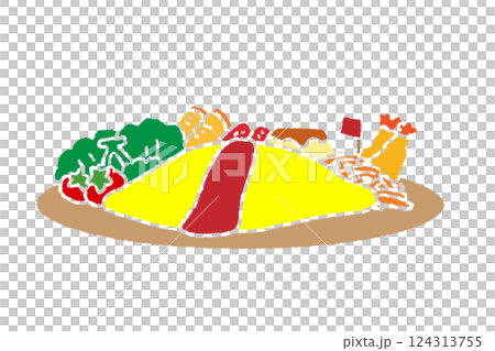 A cute hand-drawn children's lunch set: Omelette rice, fried shrimp, vegetables, tomatoes 124313755