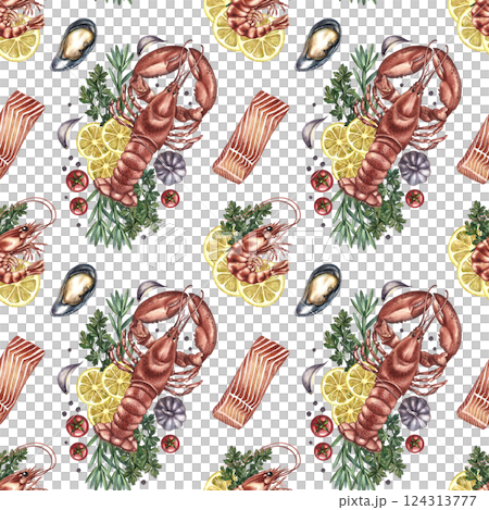 Seamless seafood pattern, lobster with lemon, shrimp, mussels and fish fillet. Handmade watercolor illustration. Color image of seafood dishes. Great for textiles, kitchen decor, menus, packaging. Seamless seafood pattern, lobster with lemon, shrimp, mussels and fish fillet. Handmade watercolor illustration. Color image of seafood dishes. Great for textiles, kitchen decor, menus, packaging. 124313777