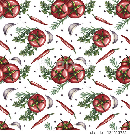 Seamless pattern with vegetables. A hand-drawn watercolor illustration. Color image of tomatoes, garlic, herbs, spices. Great for textiles, kitchen decor, tablecloths, wallpaper, menus and packaging. 124313782