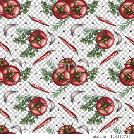 Seamless pattern with vegetables. A hand-drawn watercolor illustration. Color image of tomatoes, garlic, herbs, spices. Great for textiles, kitchen decor, tablecloths, wallpaper, menus and packaging. 124313782