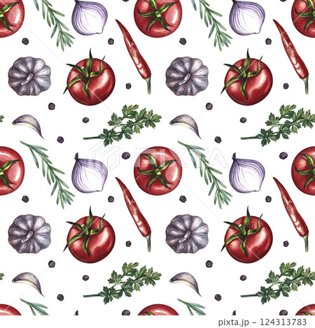 Seamless pattern with vegetables. A hand-drawn watercolor illustration. Color image of tomatoes, garlic, onions, herbs and spices. Great for textiles, kitchen decor, tablecloths, menus, packaging. Seamless pattern with vegetables. A hand-drawn watercolor illustration. Color image of tomatoes, garlic, onions, herbs and spices. Great for textiles, kitchen decor, tablecloths, menus, packaging. 124313783