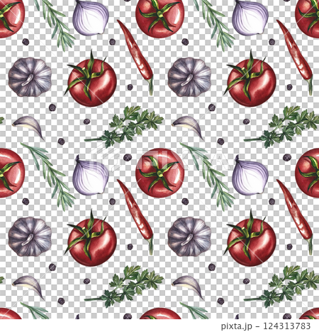 Seamless pattern with vegetables. A hand-drawn watercolor illustration. Color image of tomatoes, garlic, onions, herbs and spices. Great for textiles, kitchen decor, tablecloths, menus, packaging. Seamless pattern with vegetables. A hand-drawn watercolor illustration. Color image of tomatoes, garlic, onions, herbs and spices. Great for textiles, kitchen decor, tablecloths, menus, packaging. 124313783