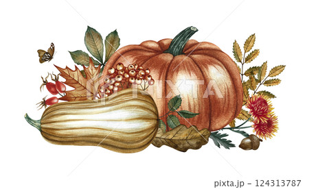Autumn composition with orange and yellow pumpkins, flowers and leaves. Handmade watercolor illustration. Color image of the autumn harvest. For greeting and invitation cards, posters, stickers, print Autumn composition with orange and yellow pumpkins, flowers and leaves. Handmade watercolor illustration. Color image of the autumn harvest. For greeting and invitation cards, posters, stickers, print 124313787