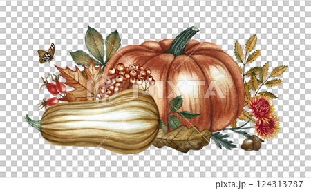 Autumn composition with orange and yellow pumpkins, flowers and leaves. Handmade watercolor illustration. Color image of the autumn harvest. For greeting and invitation cards, posters, stickers, print Autumn composition with orange and yellow pumpkins, flowers and leaves. Handmade watercolor illustration. Color image of the autumn harvest. For greeting and invitation cards, posters, stickers, print 124313787