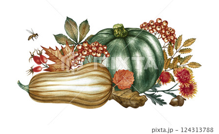 Autumn composition with green and yellow pumpkins, flowers and leaves. Handmade watercolor illustration. Color image of the autumn harvest. For greeting and invitation cards, posters, stickers, prints 124313788