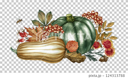 Autumn composition with green and yellow pumpkins, flowers and leaves. Handmade watercolor illustration. Color image of the autumn harvest. For greeting and invitation cards, posters, stickers, prints 124313788