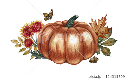 Autumn composition with pumpkin and leaves. Hand-drawn watercolor illustration. Color image of the autumn holiday. Great for greeting and invitation cards, banners and posters, stickers, prints. 124313799