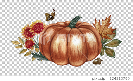 Autumn composition with pumpkin and leaves. Hand-drawn watercolor illustration. Color image of the autumn holiday. Great for greeting and invitation cards, banners and posters, stickers, prints. 124313799