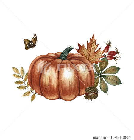Autumn composition with pumpkin and leaves. Handmade watercolor illustration. Color image of the autumn holiday. Great for greeting and invitation cards, banners and flyers, posters, stickers, prints. Autumn composition with pumpkin and leaves. Handmade watercolor illustration. Color image of the autumn holiday. Great for greeting and invitation cards, banners and flyers, posters, stickers, prints. 124313804