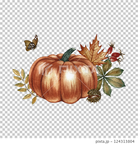 Autumn composition with pumpkin and leaves. Handmade watercolor illustration. Color image of the autumn holiday. Great for greeting and invitation cards, banners and flyers, posters, stickers, prints. Autumn composition with pumpkin and leaves. Handmade watercolor illustration. Color image of the autumn holiday. Great for greeting and invitation cards, banners and flyers, posters, stickers, prints. 124313804