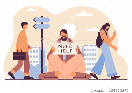 Homeless man begging for help on the street while others people walk by vector illustration 124313872