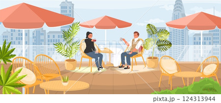 Two individuals sit comfortably at a rooftop cafe, sipping beverages and enjoying the skyline view, surrounded by plants and cozy seating, on a clear day 124313944