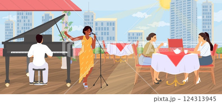 A talented singer performs by a grand piano on a rooftop terrace filled with happy diners. The setting sun casts a warm glow over the city skyline, creating a vibrant atmosphere 124313945