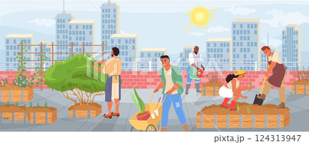 Several individuals engage in gardening activities on a roof garden, planting vegetables and herbs while enjoying the warm sunlight and vibrant city skyline 124313947