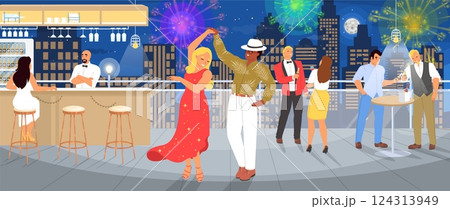A couple enjoys dancing on a vibrant rooftop, surrounded by partygoers and lively fireworks lighting up the night sky of a city skyline, creating a festive atmosphere A couple enjoys dancing on a vibrant rooftop, surrounded by partygoers and lively fireworks lighting up the night sky of a city skyline, creating a festive atmosphere 124313949