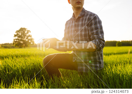 A young farmer checking the quality of young wheat using a specialized application. Harvest. A young farmer checking the quality of young wheat using a specialized application. Harvest. 124314073