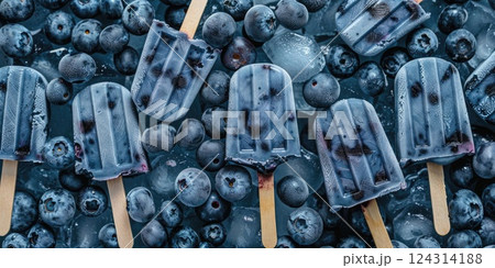 horizontal summer banner, bright blue blueberry ice cream on a stick, fresh blueberry berries, ice cubes, saturated shades, poster for an ice cream shop 124314188
