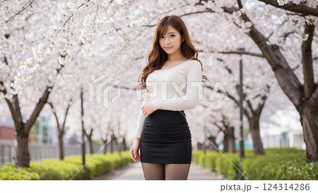 桜並木を歩く白ニットの大学生女性 124314286