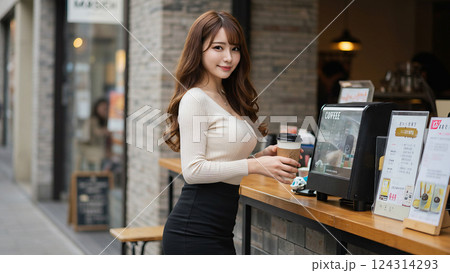 カフェでコーヒーを楽しむ大学生 124314293