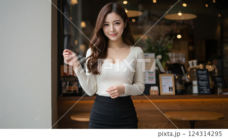 カフェの店内で春ファッションを魅せる大学生女性 カフェの店内で春ファッションを魅せる大学生女性 124314295