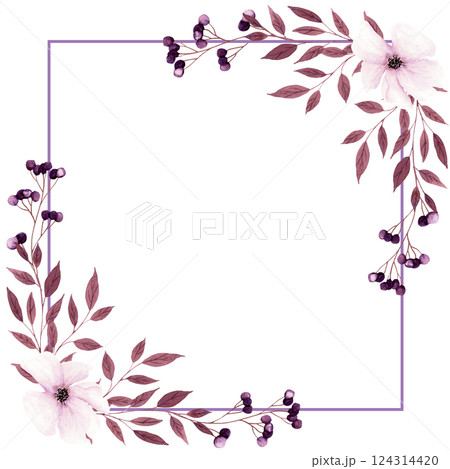 Fantasy brown and light purple leaves, flowers and berries square frame by watercolor. 124314420