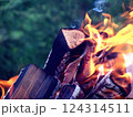 A fireplace burning in a summer, cozy evening, gathering background 124314511