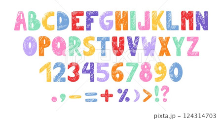 Crayon kids letters. Bright childish style alphabet numbers and marks. Color chalks scribbles abc. Kindergarten or preschool letter, neoteric vector set Crayon kids letters. Bright childish style alphabet numbers and marks. Color chalks scribbles abc. Kindergarten or preschool letter, neoteric vector set 124314703