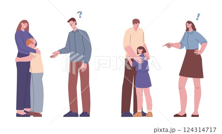 Parents scold and support children. Father mother shout at child, hug crying girl and boy. Education, empathy and help scenes. Family neoteric vector scenes Parents scold and support children. Father mother shout at child, hug crying girl and boy. Education, empathy and help scenes. Family neoteric vector scenes 124314717