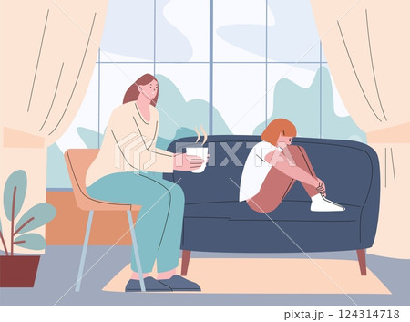 Mother support crying daughter. Sad teenage girl sitting on sofa in living room. Young woman on chair hold cup of hot drink, flat vector scene Mother support crying daughter. Sad teenage girl sitting on sofa in living room. Young woman on chair hold cup of hot drink, flat vector scene 124314718
