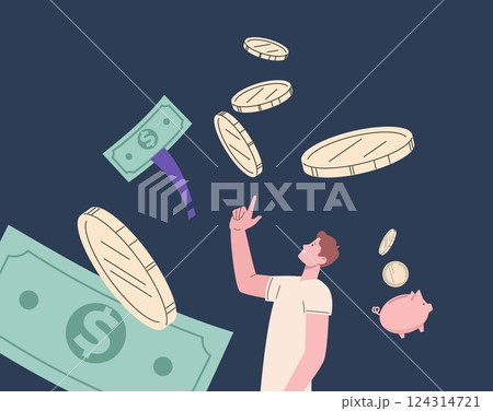 Financial broker, bank manager, businessman male character with golden coins and banknotes. Money concept, man thinking about investment, vector scene Financial broker, bank manager, businessman male character with golden coins and banknotes. Money concept, man thinking about investment, vector scene 124314721