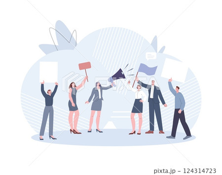 Emotional demonstration characters. Rally, strike, demonstration, people with megaphone, banners, placards and flag. Unrest of people vector scene Emotional demonstration characters. Rally, strike, demonstration, people with megaphone, banners, placards and flag. Unrest of people vector scene 124314723
