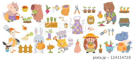 Animals working in garden. Cute animal watering plants, harvesting vegetables and fruits. Cute bear hedgehog raccoon rabbit. Garden nowaday vector characters 124314728