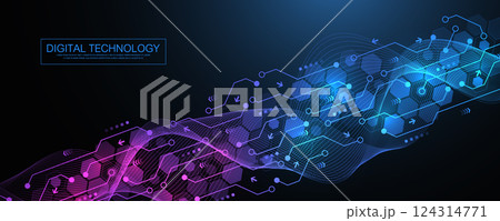Digital tech motherboard texture design. Creative idea AI banner concept for internet technology. Software coding. Engineering concept for poster, cover, banner, header, web, presentation template 124314771
