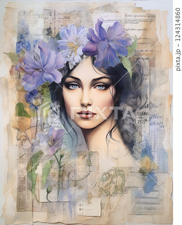 Ethereal Beauty with Flowers Elegant Art Illustration of a woman wearing a floral crown in a romantic and stylish way Ethereal Beauty with Flowers Elegant Art Illustration of a woman wearing a floral crown in a romantic and stylish way 124314860