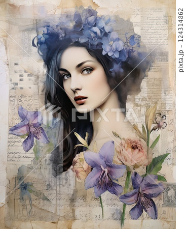 Ethereal Beauty with Flowers Elegant Art Illustration of a woman wearing a floral crown in a romantic and stylish way Ethereal Beauty with Flowers Elegant Art Illustration of a woman wearing a floral crown in a romantic and stylish way 124314862