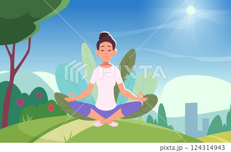 Yoga lessons. relax time outdoor female characters sitting in yoga asana. cartoon background 124314943