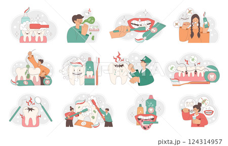 Dental hygiene. Medical illustrations of oral care teeth cleaning daily routine recent vector template set in flat style 124314957
