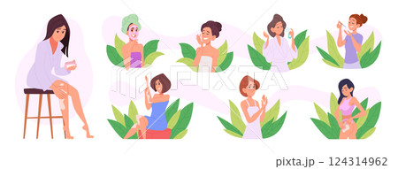 Face cleaning. Woman self skincare with beauty products exact vector graphic illustrations set 124314962