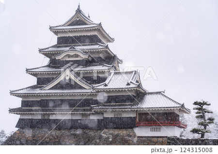 【雪景色】雪の降る冬の松本城【長野県】 【雪景色】雪の降る冬の松本城【長野県】 124315008