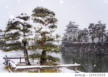 【雪景色】雪の降る冬の松本城【長野県】 【雪景色】雪の降る冬の松本城【長野県】 124315019