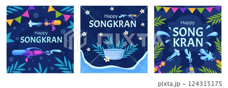 Songkran poster. Water festival in asia print cards. Ceramic bowl with liquid, tropical leaves and flowers, plastic guns spraying splashes, nowaday vector background 124315175