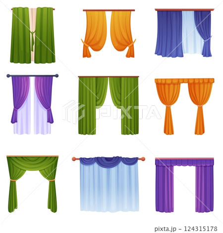 Window cartoon curtains. Home textile for windows decoration, various curtain and tulle, portiere, lambrequin. Kitchen living room interior nowaday vector elements 124315178