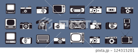 Retro media black stickers. Different technique for home, media and music device. Video cassette, photo camera, television, phone, racy vector set Retro media black stickers. Different technique for home, media and music device. Video cassette, photo camera, television, phone, racy vector set 124315201
