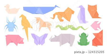 Japanese art origami set. Paper folding animals, colorful abstract wild forest animal and birds. Underwater characters and reptiles, racy vector clipart Japanese art origami set. Paper folding animals, colorful abstract wild forest animal and birds. Underwater characters and reptiles, racy vector clipart 124315205