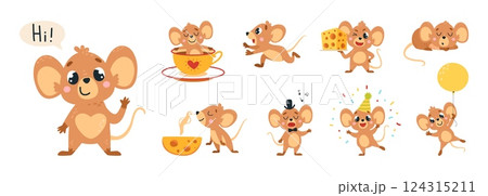 Funny mice. Cartoon mouse with cheese, rest in cup, singing, flying on balloon. Cute tiny animal sleep and run, children emotional mascots, classy vector set 124315211
