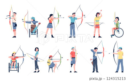 Archers sport characters. Male female archery athletes, disabled athlete with arrow and bow. People shooting to ait or target, recent vector set 124315213